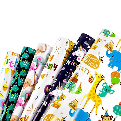 WolinTek Papel de Regalo, 6 Piezas Surtidos de Papel de Envoltura de Regalo con Unicornio y Dinosaurios - Bodas, Cumpleaños, Christmas,Baby Shower para Niños Niñas de Regalos (6 Diseño, 70 x 50cm)