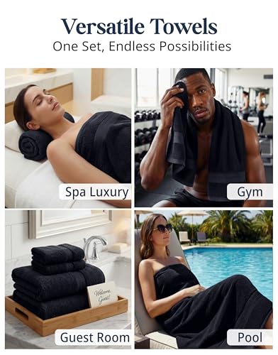 Image of LANE LINEN Bathroom Towels Sets - 24 PCs - 100% Cotton Towels - Absorbent & Quick Drying - 4 Bath, 4 Fingertip, 6 Hand Towel, 8 Washcloth, 2 Bath Sheet - Housewarming Essentials - Black Towels