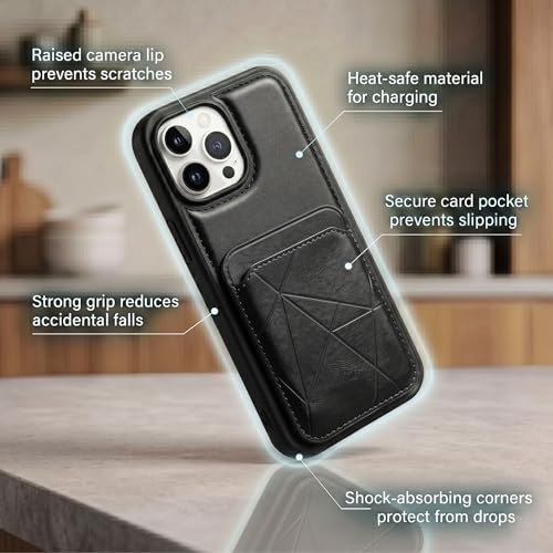 Image of amazon basics Premium Vegan Leather Back Cover with Card Holder and Integrated Mobile Stand for iPhone 16 Pro Max - Slim Shockproof Wallet Case with Geometric Stitching [Black]