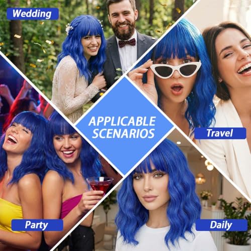 Image of Pastel Blue Wavy Bob Wig for Women, Short Shoulder Length Synthetic Wig with Bangs, Natural Looking Lightweight Hairpiece for Daily Wear & Cosplay Costume Party