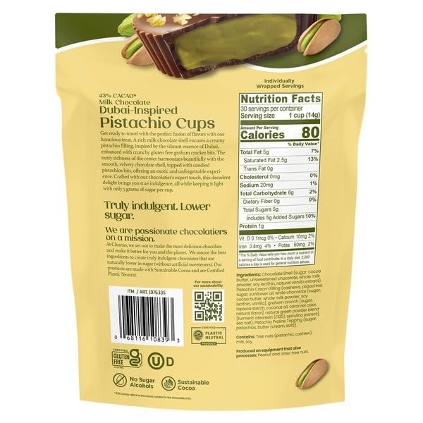 Milk Chocolate Dubai Inspired Pistachio Cups , The rich taste of Dubai-inspired chocolate with these Cups made with smooth 43% milk chocolate and a creamy pistachio cashew filling. Each bite delivers a balance of silky chocolate, nutty flavor, and crunchy graham cracker bits. [ 14.8 oz , 0.9 pound ]