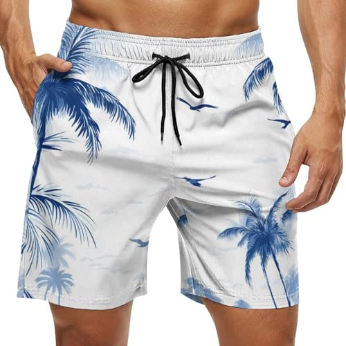 Men Drawstring Elastic Waist Swim Trunks Dark Palm Pattern Beach Board Shorts
