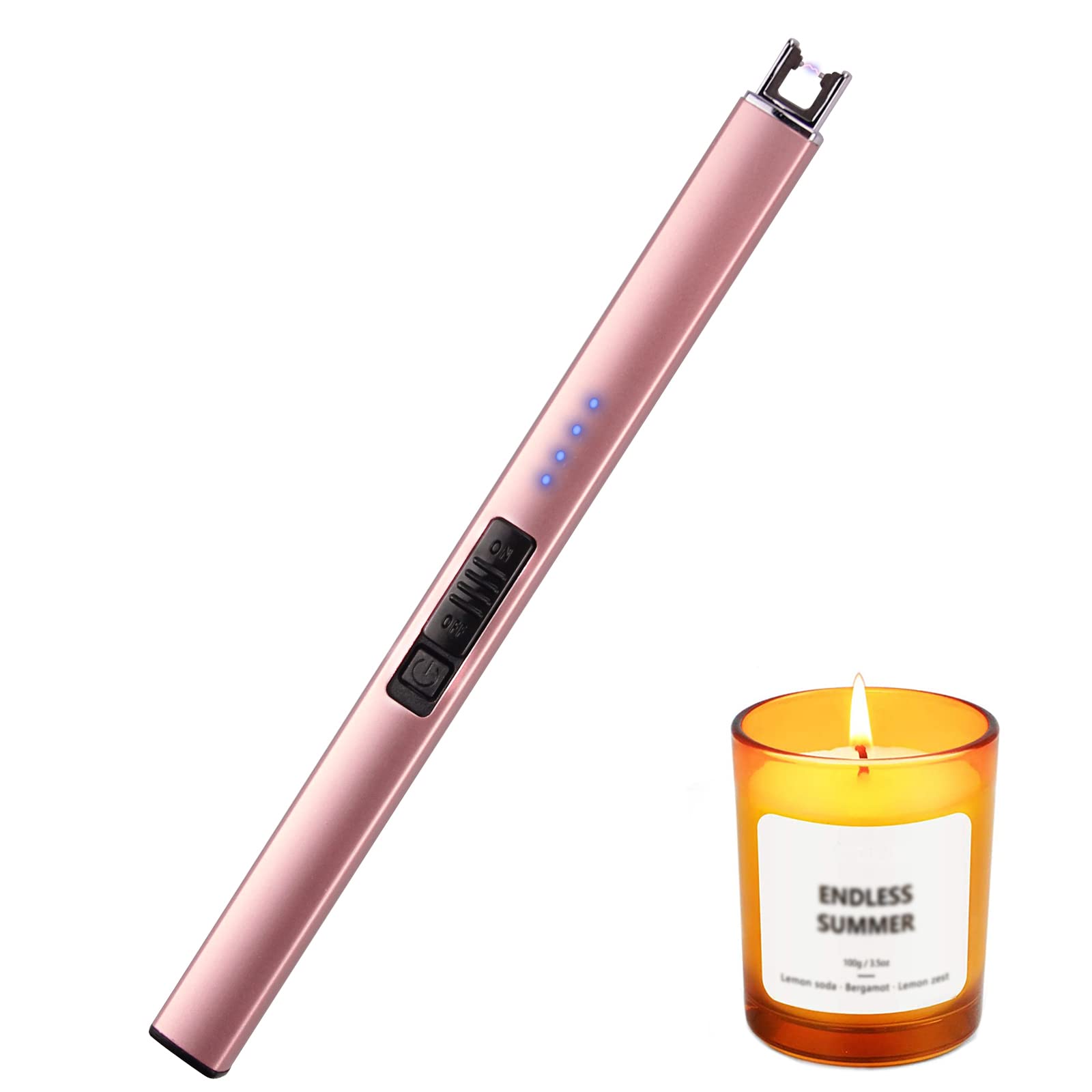 Electric Lighter, USB Rechargeable Lighter with Power Indicator, Flameless Lighter with Safe Button, Windproof Lighter for BBQ, Camping, Fireworks - Rose Gold - Rose Gold Straight