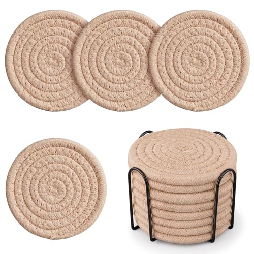 Drink Coasters with Holder, 4 Colors Absorbent Coasters, Cotton Woven Coasters Set of 8 for Table Protection Home Decor