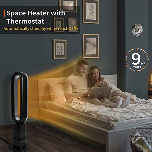 32 inch Space Heater Bladeless Tower Fan, Heater & Fan Combo, 9H Timer 10 Speeds with Remote Control, Air Circulator Fan for Home