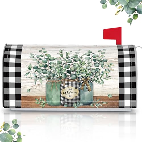 Image of Tiamon Summer Eucalyptus Jar Mailbox Covers Magnetic Black and White Plaid Letter Box Wrap Standard Size 21x18 Inch Welcome Jar Mailbox Decor Farmhouse Post Box Decoration for Outdoor Garden Yard