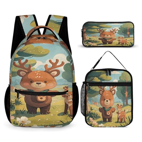 3Pcs Backpack Sets Country Style Bear Deer Print Travel Daypack 3 in 1 Lightweight Backpack Set with Lunch Bag And Cosmetic Bag