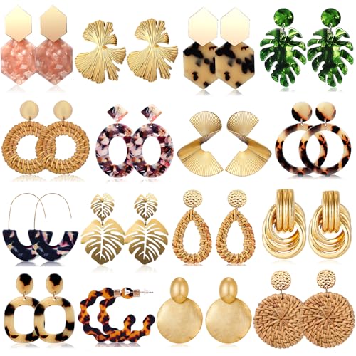 FIFATA Statement Earrings for Women Rattan Earrings Big Gold Geometric Drop Dangle Earrings Set Beach Essentials Hypoallergenic for Sensitive Ears