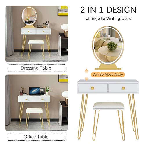 Vanity Table Set with 3 Color Lighted Mirror & Stool, Makeup Dressing Table with Touch Screen Dimming Mirror & 2 Drawers, Wood Modern Bedroom Makeup Desk for Women, Girl, White