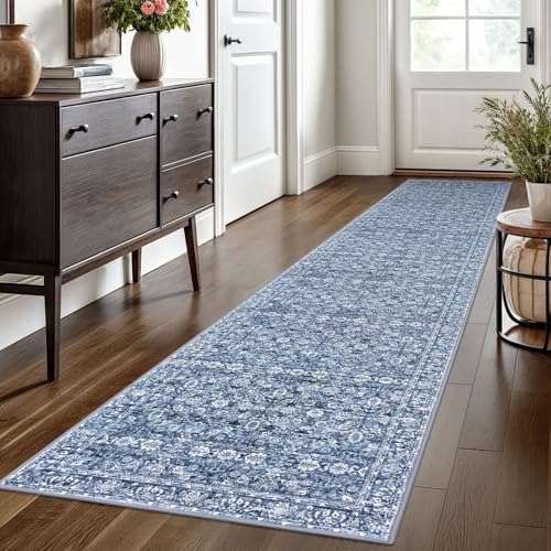 2x10 Blue Washable Runner Rug for Kitchen, Soft Classic Runner with Non-Slip, Non-Shedding Distressed Floral Rug for Hallways Entryway Bedroom Bathroom Laundry Indoor