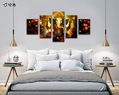 Large 5 Pieces Lord Ganesha Indian Wall Decor - Hindu Temple Puja Mandir For Home - Elephant Zen Photo Picture Canvas Print Paintings For Living Room House Wooden Framed Decorations (60" W X 32" H) #TOP3