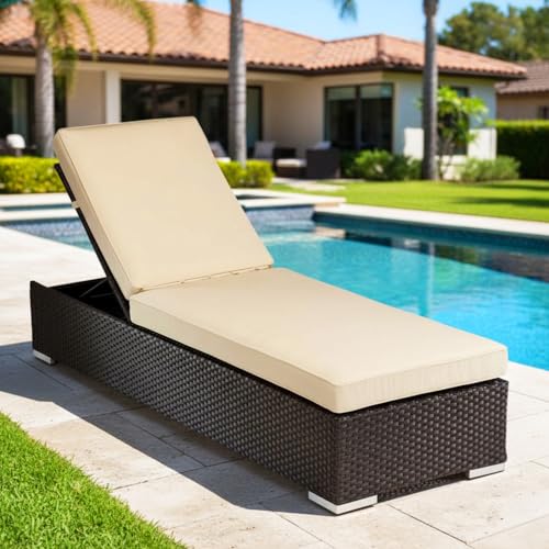 Image of DEVOKO Outdoor Rattan Wicker Sun Lounger Recliner for All Weather Comfort with Durable Metal Frame Ideal for Garden, Deck, Lawn, Poolside (Dark Brown & Cream)