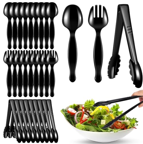 ALEXPRE 30 Pcs Disposable Black Plastic Serving Utensils 10 Set Including 9 Plastic Serving Spoons Forks and Tongs for Dinner Parties Buffets Banquets Events Weddings and Daily Use