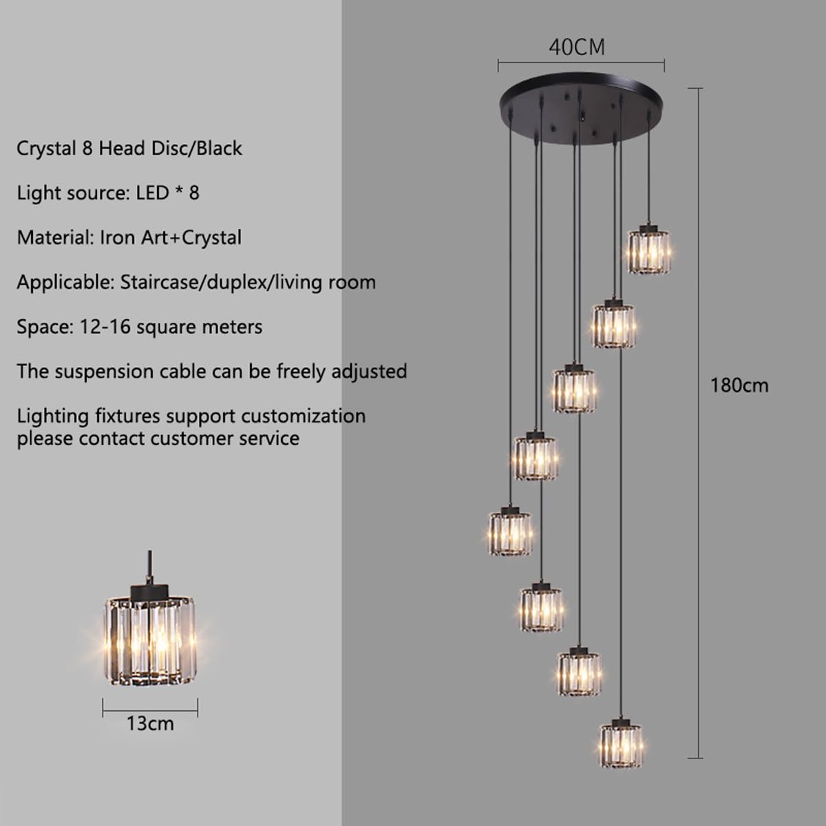 Nowoczesny luksusowy żyrandol LED - 8 czarno-złotych kryształowych lamp do salonu willi i dwupoziomowych schodów, kreatywny nastrojowy design oświetlenia (8 czarnych główek)