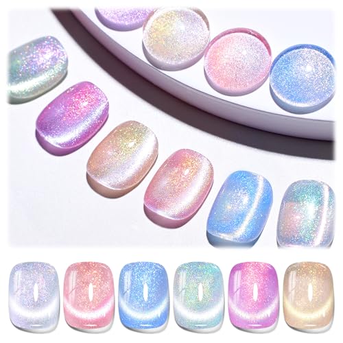 Beetles Cat Eye Gel Nail Polish Set - 6 Colors Summer Chameleon Cat Eye Green Silver Pink Blue Purple Green with Magnet Soak Off UV Fairy's Descent Collection Salon Nail Art Manicure Gift for Women