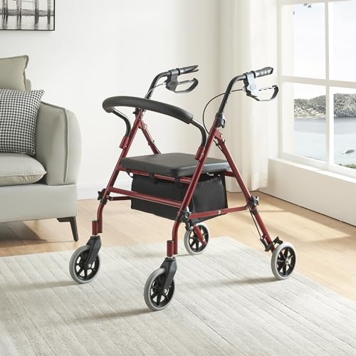 Panana 4 Wheels Lightweight Foldable Rollator Height Adjustable Including Basket Walker for Seniors Walking (Red Color)