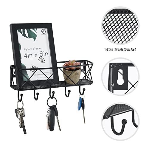 HappyHapi-Key-Holder-for-Wall-Decorative-Entryway-Key-Hooks-for-Wall-Wall-Mounted-Key-Rack-with-5-Hooks-Metal-Wire-Mesh-Basket-Mail-Holder-with-Key-Hooks-for-Entryway-98Lx21Wx41H