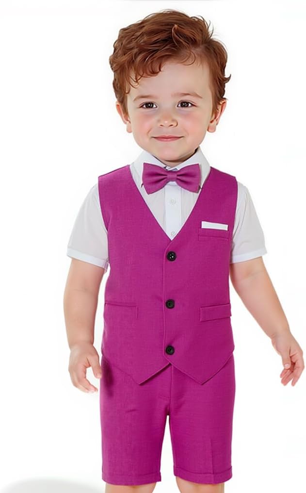 Yilaku Boys Suit Touddler Summer Short Shirt Wedding Gentlemen Suit with Vest + Pants + Shirt + Bowtie 4-Piece Tuxedo Outfits