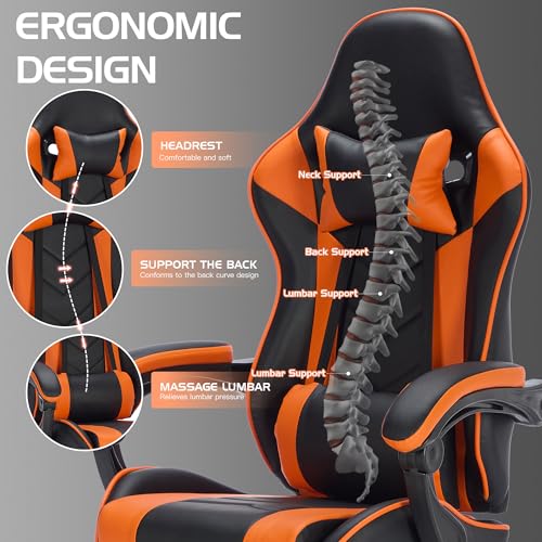 Image of Gaming Chair with Footrest for Home Office - High Back Computer Chair with Headrest and Lumber Support, Ergonomic Height Adjustable Leather Game Chairs (Black+Orange)