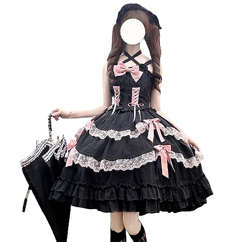 HIMI HIMIFASHION Lolita Straps Prinzessin Kleid Teen Mädchen Sweet Bow Spitze Layered Rüschen Saum Cosplay Kostüm Party Kleider (L, Black)
