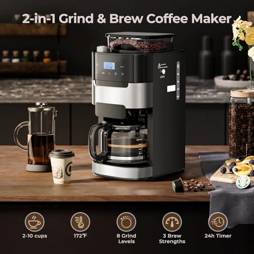 Image of Drip Coffee Maker with Built In Grinder, 10-Cup Grind and Brew Coffee Machine Fully Automatic, Programmable with Brew Strength, Permanent Filter, Glass Carafe, 50oz Water Tank, Ideal for Home /Office
