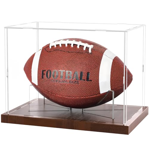 Image of Fitense Football Display Case Acrylic Clear, Football Stand Holder Full Size with Solid Wood Base, UV Protected Football Display Box with Removable for Football Fans & Collectors, Memorabilia & Gift