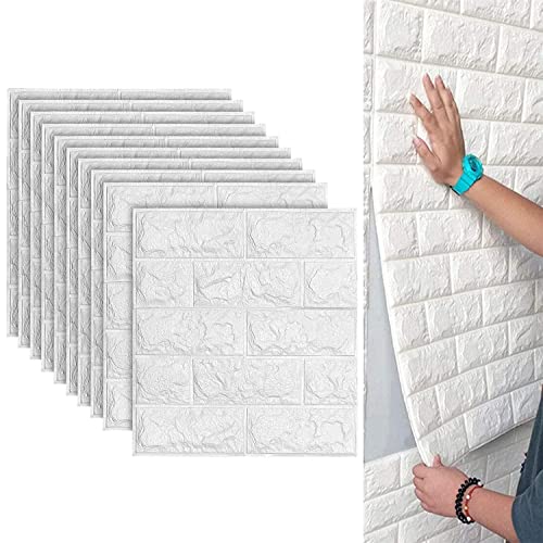 Papel Pintado 3D Ladrillo,10 Piezas PE de Espuma 3D Wallpaper, Autoadhesivo Grueso Impermeable DIY Pegatina de Pared Espuma 3D,para Salón Dormitorio Fondo de Pared Decoración Arte (35*38.5cm,Blanco)