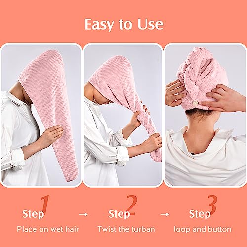 Image of YFONG 2 Pack Microfiber Hair Towel Wrap for Women, Super Absorbent Quick Dry Hair Turban for All Hair Style Anti Frizz, Large Hair Drying Towel with Button