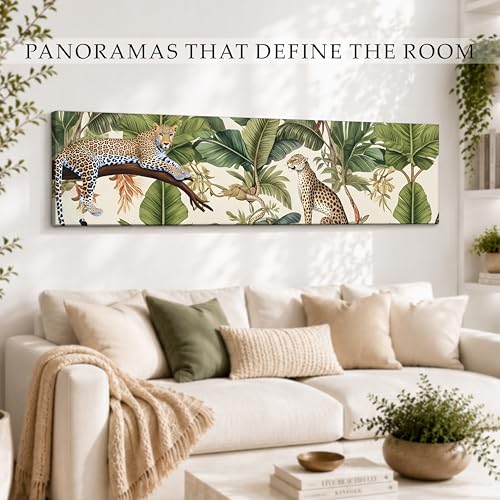Image of Tropical Leopard Jungle Exotic Wildlife Canvas Wall Art Painting For Living Room, Green Botanical Jungle Painting Tropical Leopard Wall Art For Home & Office, 12x46 Inch
