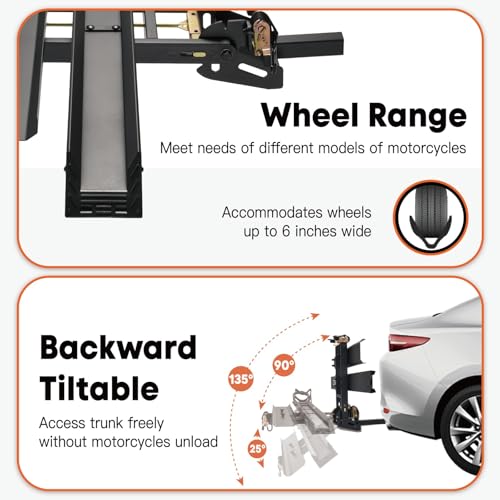 Image of CRAVOT Motorack M1 Max Motorcycle Carrier with Ramp, 660lbs Capacity | Hitch MotorBike Carrier, Foldable Hauler Hitch Mount Rack Anti-Rattle Up to 6-inch Fat Tire 2 inch Receiver