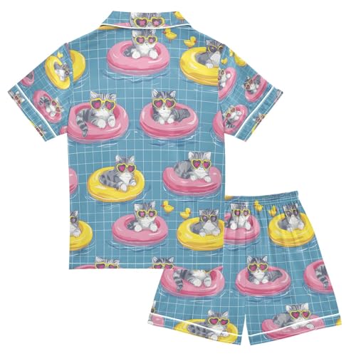 senya Cat Swimming Ring Satin Summer Pajama Sets Silk Short Sleeve Button Down Sleepwear2