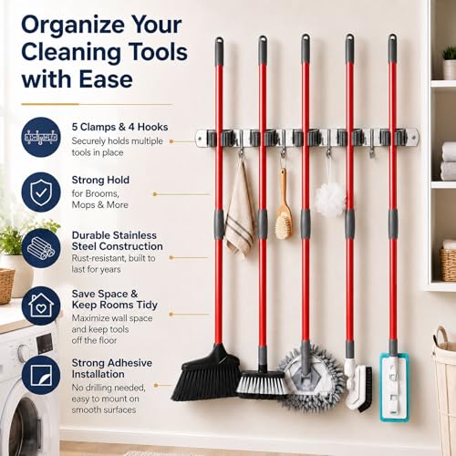 Image of voze 5 Racks and 4 Hooks Mop and Broom Holder Wall Mount, Self Adhesive Heavy Duty Broom Hanger Organizer Storage Tool Racks for Kitchen Garden Laundry Garage (Pack of 2)