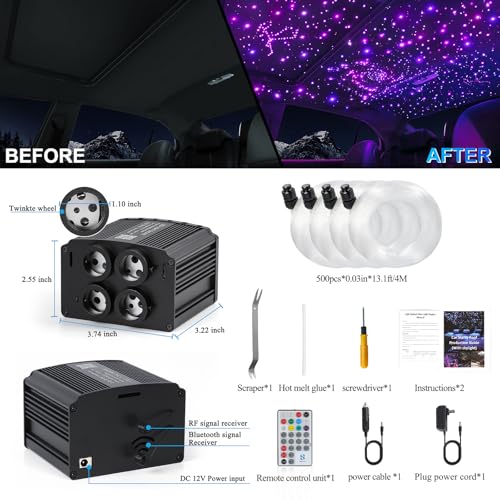 Image of 4 Colors 32W Twinkle Starlight Headliner Kit for Car Home with APP&RF Remote,RGBW 500pcs*0.03in*13.1ft Cables Fiber Optic Star Sky Roof Lights,4 Port Engine Sound Activated Car Ceiling Star Lights