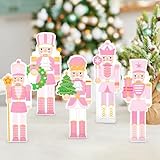 Haooryx Christmas Tiered Tray Centerpiece - 5Pcs Pink Nutcracker Soldier Figure Wooden Sign Merry Christmas Winter Holiday Birthday Xmas Party Snowman Wooden Table Topper Decor Decorations Supplies