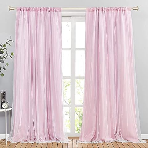 PONY DANCE Pink Curtains for Bedroom - Double-Layered Curtains for Nursery Girls with Tie-Backs Sheer Drapes Light Blocking, 52 inch Wide by 84 inch Length, Pink, 2 Pcs Cover