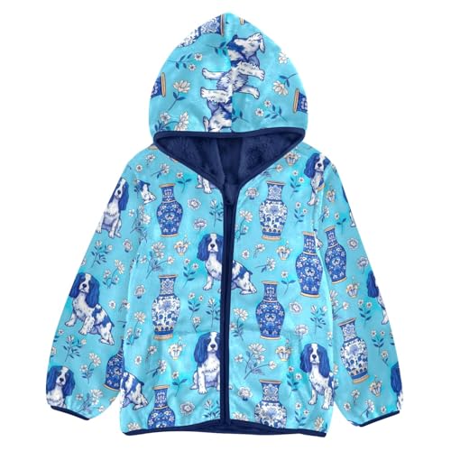 CHIFIGNO Blue White Porcelain Dogs Toddler Boys Winter Coat, Toddler Boy Zip up Hoodie Warm for Fall Winter Spring 3T