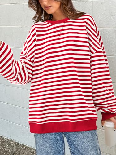 Image of PRETTYGARDEN Womens Striped Oversized Sweatshirt Color Block Crew Neck Long Sleeve Casual Loose Pullover Top Y2K Clothes