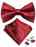 Gusleson Red Bow Tie and Pocket Square Set for Men Black Floral Pre-Tied Bowties Cufflinks for Wedding (UK0493-08)