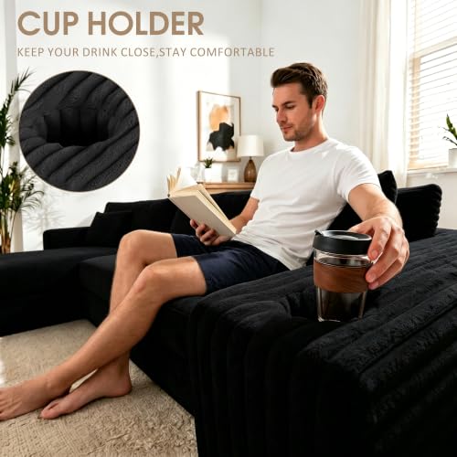 Image of 103 inch Modular Boneless Couches,Sectional Sofa for Living Room with 2 Cup Holders,Memory Foam Cloud Couch with L Shaped Oversized Chaise,No Assembly Needed Plush Corduroy Sofa,Black