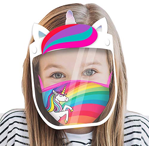 ABG Accessories Kids Face Shield with Matching Little Girls Reusable Fabric Mask, Age 3-7, Unicorn Design