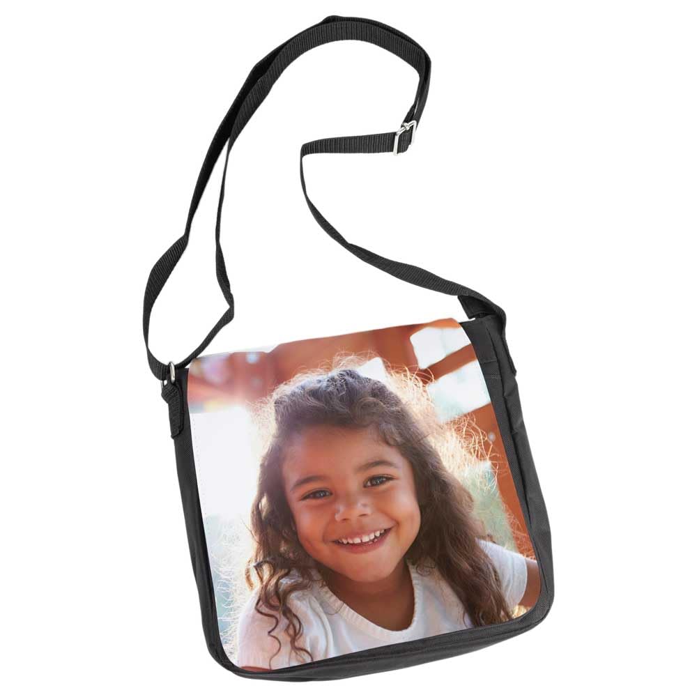Borsa a tracolla nera personalizzata con foto - Stampa di foto sulla patta anteriore della borsa in tessuto nera personalizzata