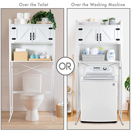 Over The Washer or Over The Toilet Storage Cabinet w/Height Adjustable Shelf Laundry Room/Bathroom Organizer Rack, 2-Door Freestanding Rack Space Saver, White