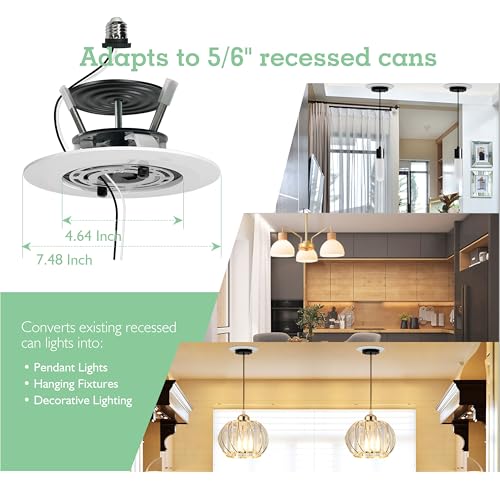 Image of Soliseed 5 /6 inch Recessed Can Light Conversion Kit to Pendant, White 1 Pack | Instant Recessed Converter for Pendant Lighting, No Tools Needed, Fan compatible, E26 Socket for Kitchen, Island & Bedroom