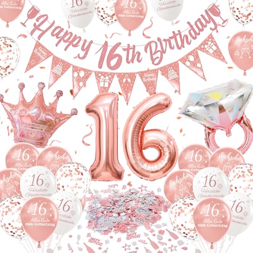 Deko 16 Geburtstags Mädchen Roségold Luftballons Sweet 16 Jahre Geburtstagsdeko 16 Alles Gute zum Geburtstag Ballons Geburtstagsdeko 16 Happy Birthday Banner für Freundin Tochter