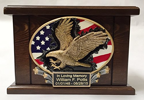NWA Custom Engraved Large American Flag and Eagle Wooden Funeral Cremation Urn