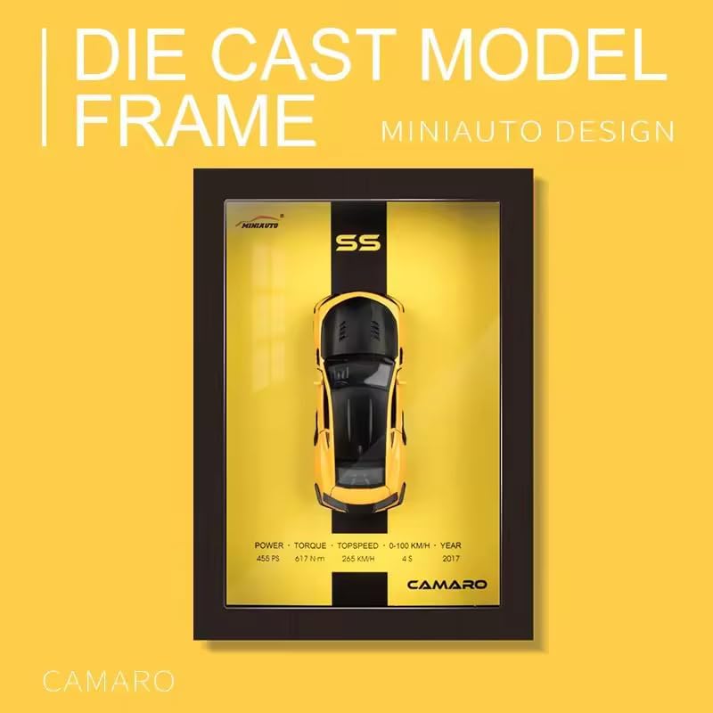 Image of WORSHIPER 3D Car Frame Wall Art Wooden Hanging Painting Frame with Removable Die-Cast Cars, Lights & Sounds Pull-Back Action & Opening Doors Collectible Display for Car Decoration (1:32 Camaro)