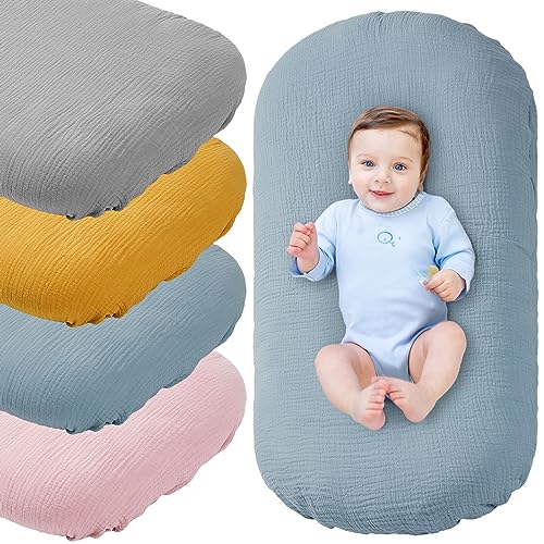 Image of Preboun 4 Pack Muslin Baby Lounger Cover Snuggle Me Lounger Cover Washable Breathable Cotton Slipcover Newborn Lounger Cover Soft Lounger Pillow Case Removable Fitted Most Baby Nest Loungers Boy Girl