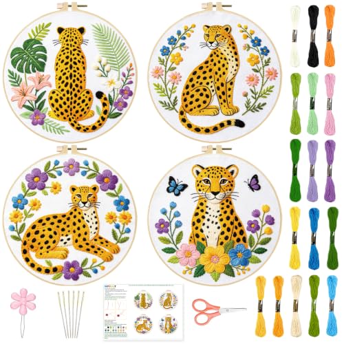Image of INFUNLY 4Pcs Floral Leopard Embroidery Kit 12 Inch Pre-Printed Jungle Cheetah Needlework Set with Floss Hoop for Boho Wildlife Wall Decor Jungle Animal Lovers Gift