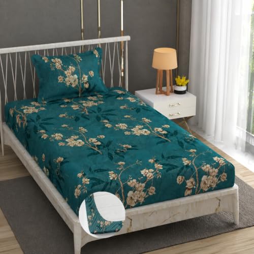 Image of Vram Premium Heavy Cotton Elastic Fitted Bedsheets with 1 King Size Pillow Covers || Single Bed with All Around Elastic 350 TC || 36 x 78 x 6 Inch Single Size Fitted || :- Green Flower