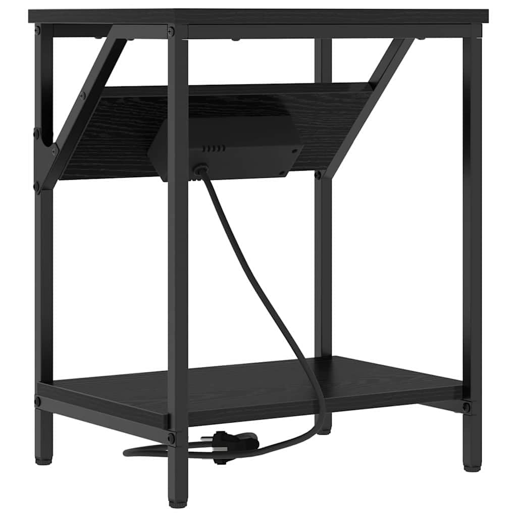 Mesa de Noche Moderna con Estantería Integrada y Fuente de Poder, Diseño Rectangular con Patas de Acero Negro, Superficie de Madera Resistente para Dormitorio Contemporáneo